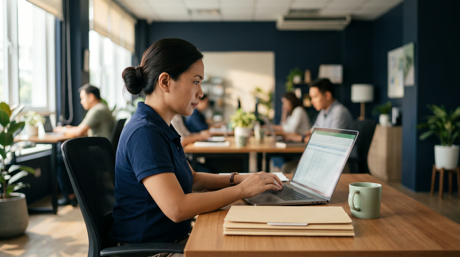 A payroll officer reviewing payroll on a laptop in a Philippine office.