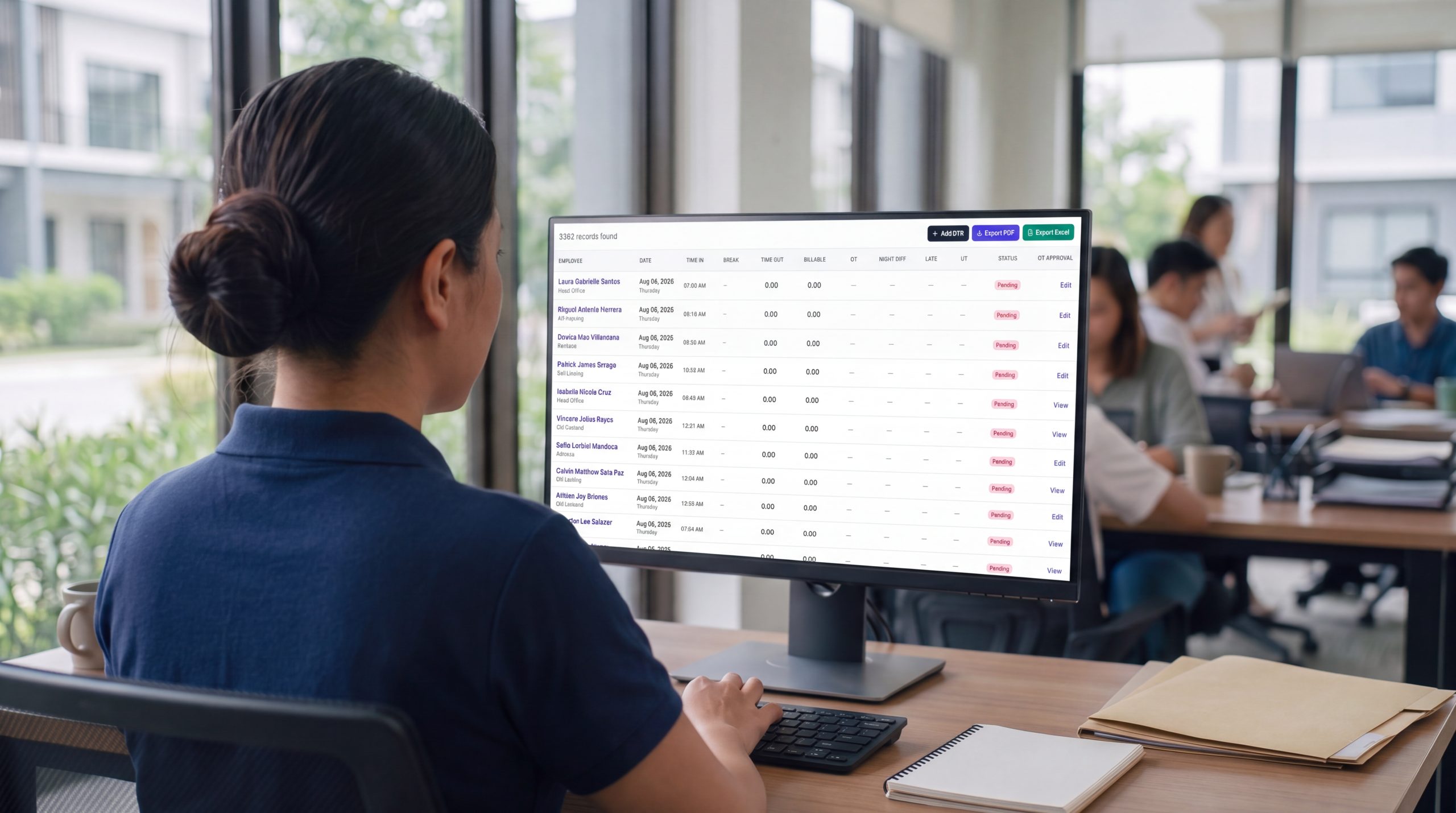 The payroll officer’s dashboard showing daily time records arriving