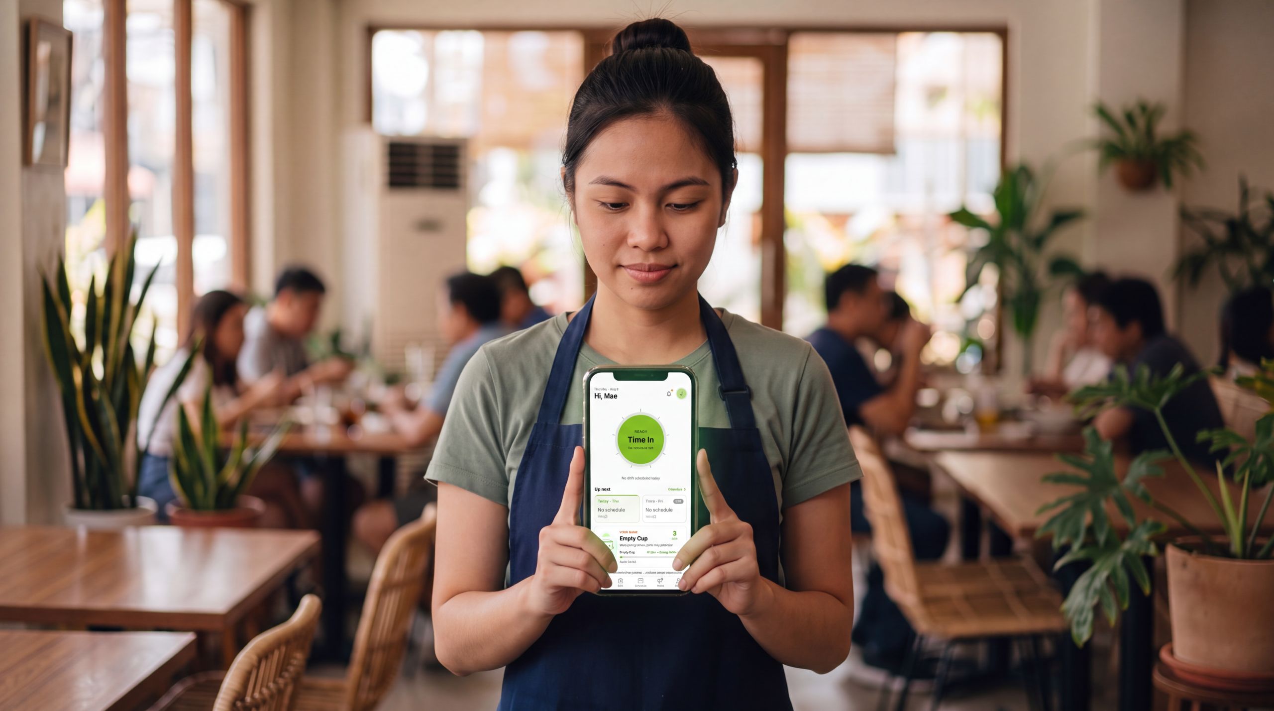 A restaurant staff member clocking in on the Payroll Eagle app