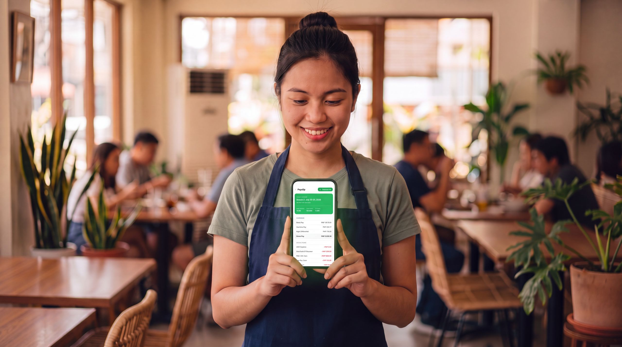 A restaurant staff member reading her Payroll Eagle payslip on her phone